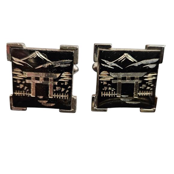 Vintage Swank 20mm Japanese Scene Cufflinks Mt. Fuji & Torii Gate Silver Tone - Picture 1 of 4
